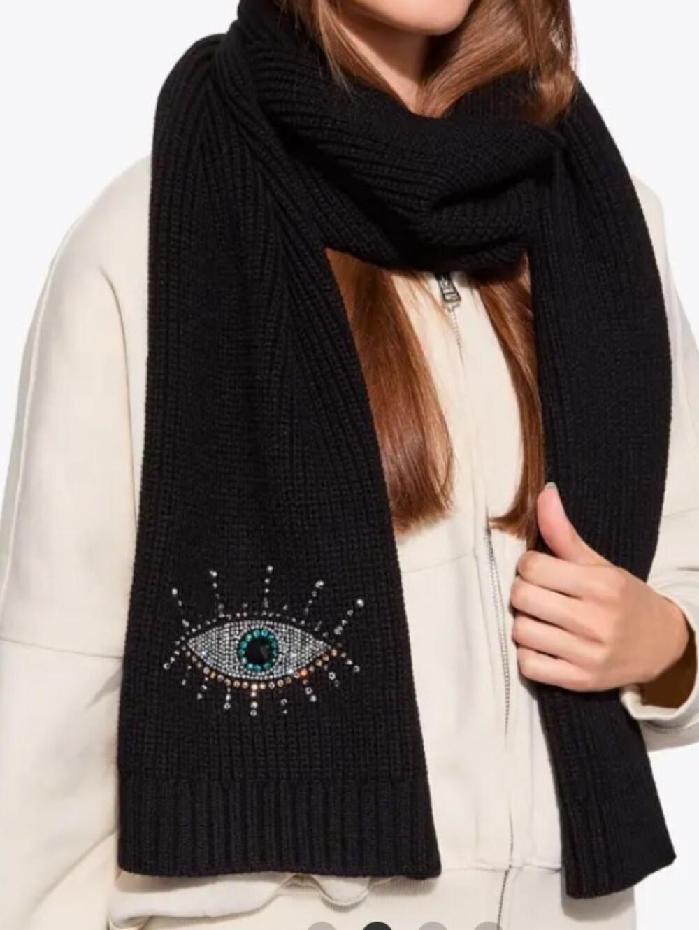 Kurt Geiger Black Ribbed Scarf with Jeweled Eye Embellishment On